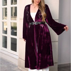 Embroidered Velvet Long Coat 2X Reddish-Purple